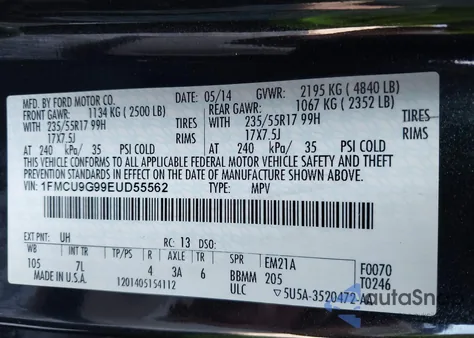 2014 Ford Escape Se z USA, uszkodzony, nr VIN 1FMCU9G99EUD55562